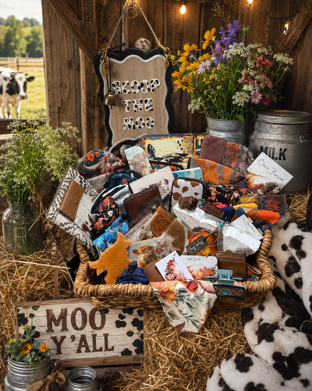 A mystery scoop with several different cow themed items in it.