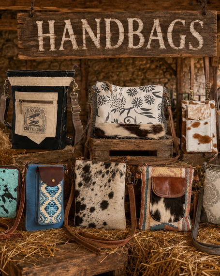An image of several different brands of handbags and purses hanging on a display