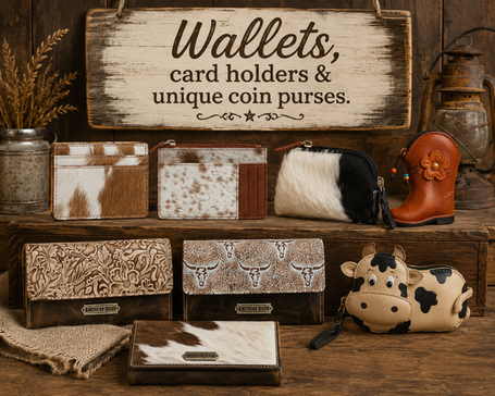 A western themed display of several different cow inspired wallets