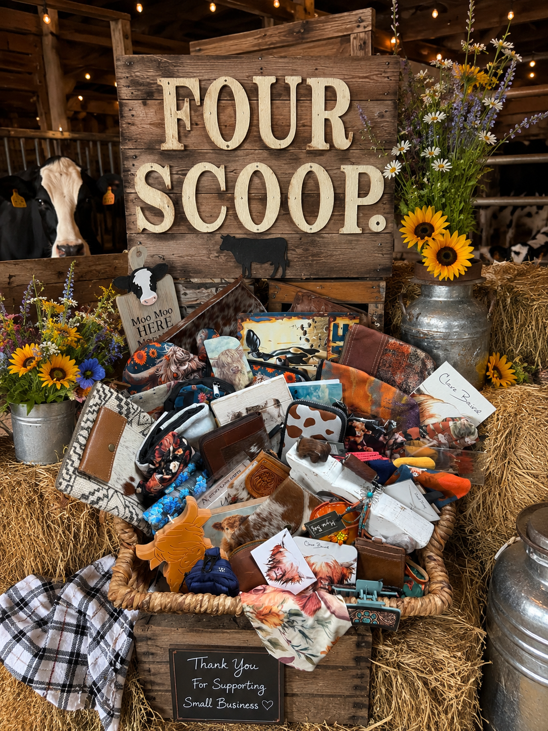 Display of various items with 'Four Scoop' sign in a rustic setting
