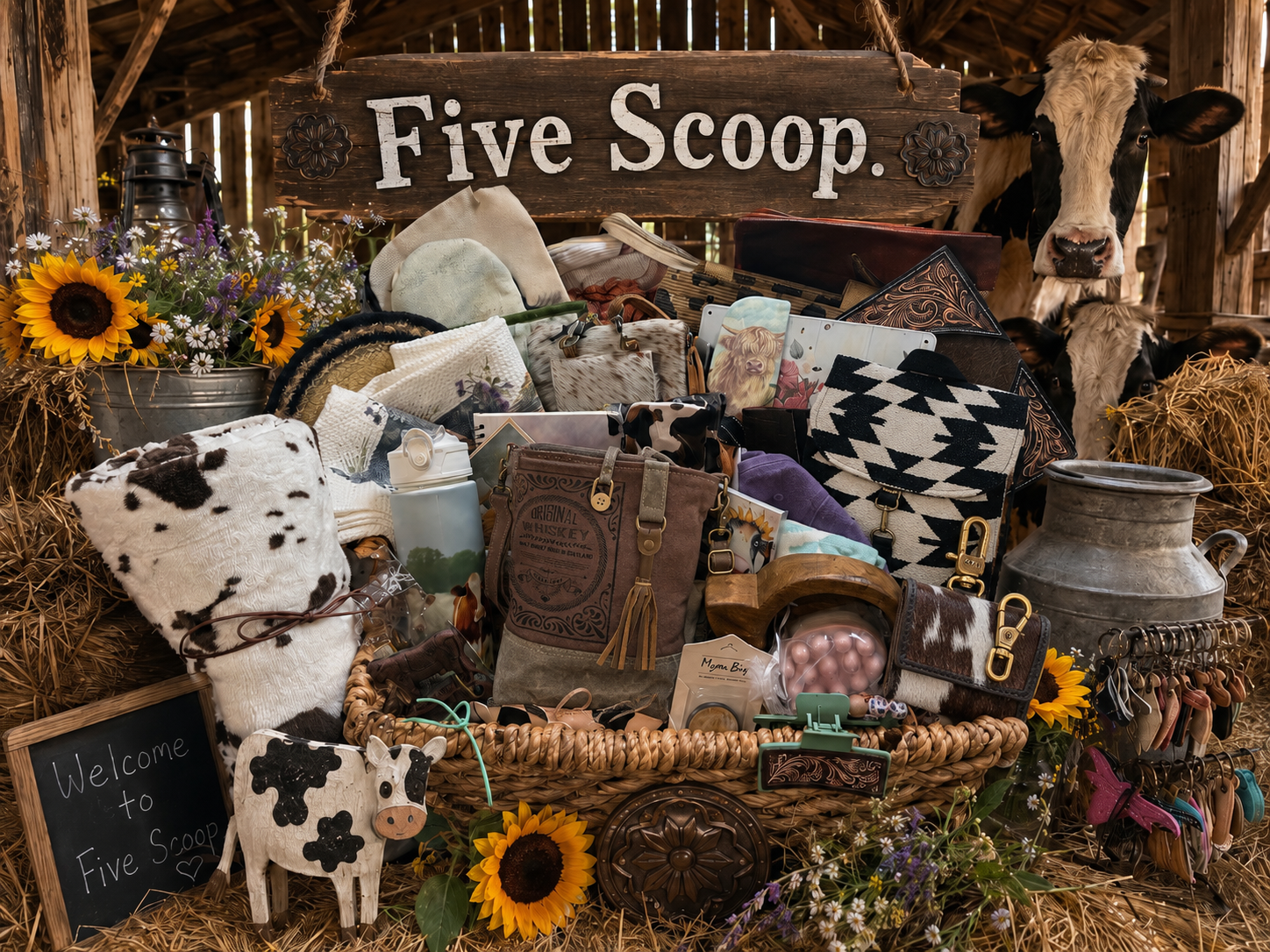Display of products with 'Five Scoop' sign in a rustic setting