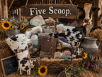 Display of products with 'Five Scoop' sign in a rustic setting