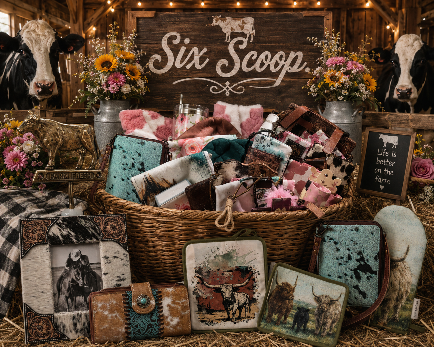 Basket of cow-themed products with 'Six Scoop' sign in a barn setting