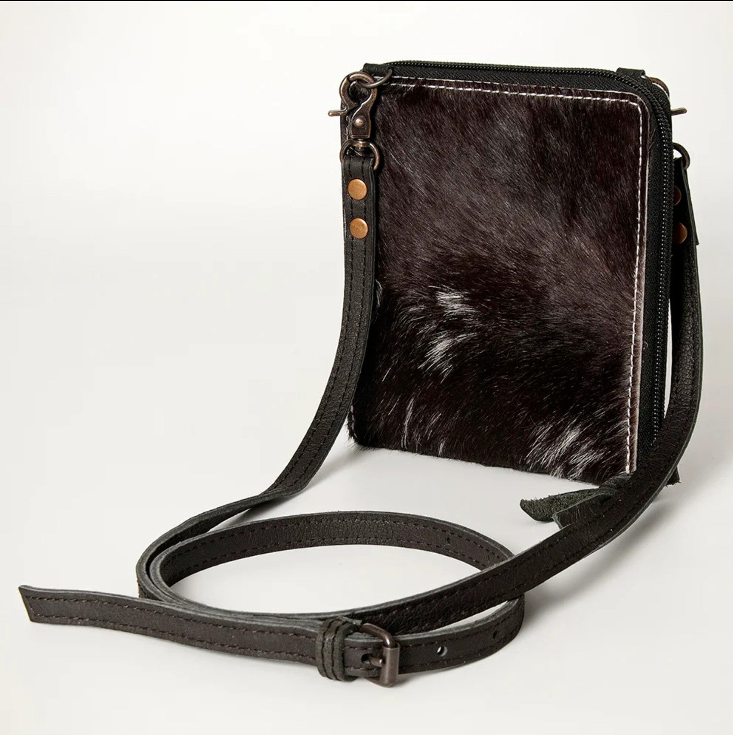 Premium Item: Mini Hair-On Cowhide Crossbody Bag Genuine Leather Western Purse by American Darling - Dark Brown/Black
