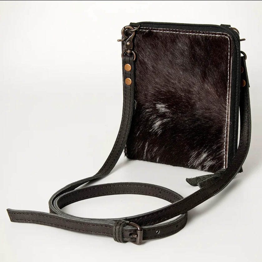 Premium Item: Mini Hair-On Cowhide Crossbody Bag Genuine Leather Western Purse by American Darling - Dark Brown/Black