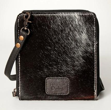 Premium Item: Mini Hair-On Cowhide Crossbody Bag Genuine Leather Western Purse by American Darling - Dark Brown/Black