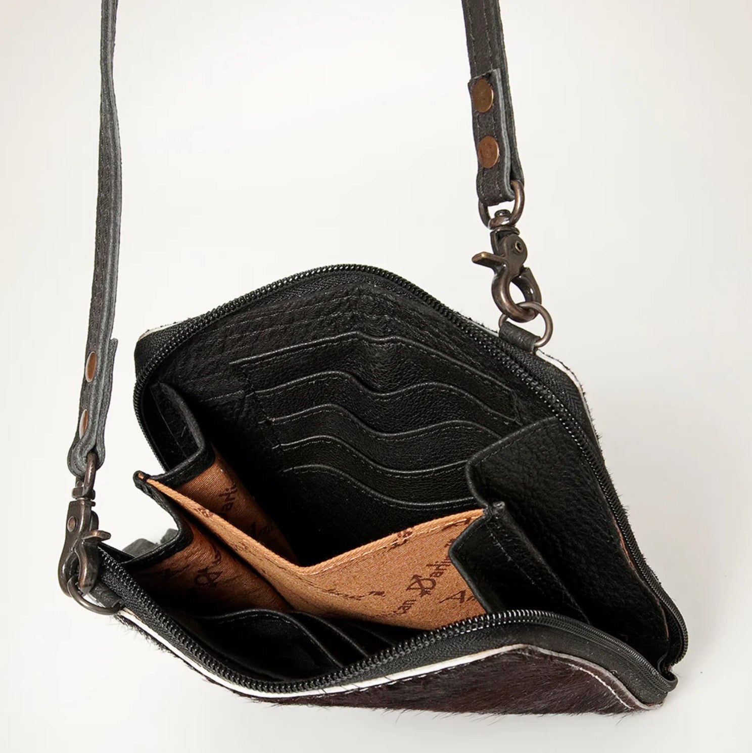 Premium Item: Mini Hair-On Cowhide Crossbody Bag Genuine Leather Western Purse by American Darling - Dark Brown/Black