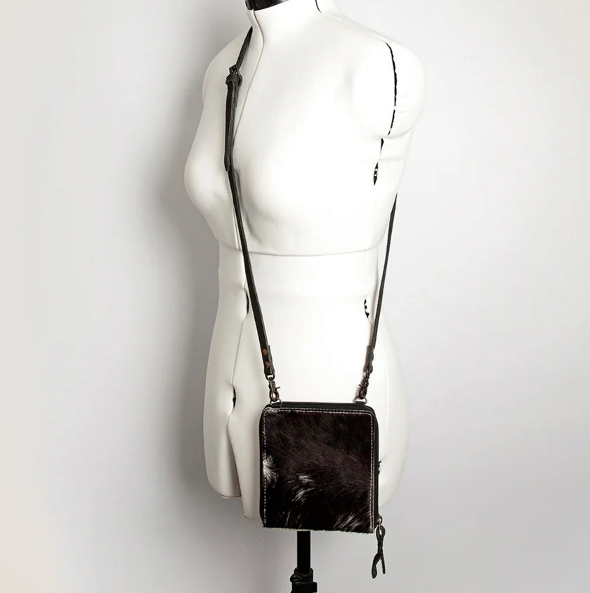 Premium Item: Mini Hair-On Cowhide Crossbody Bag Genuine Leather Western Purse by American Darling - Dark Brown/Black