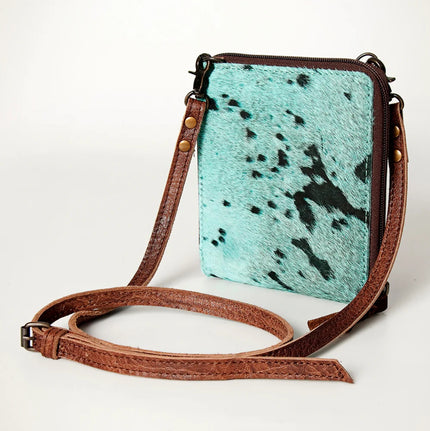 Premium Item: Mini Hair-On Cowhide Crossbody Bag Genuine Leather Western Purse by American Darling - Turquoise