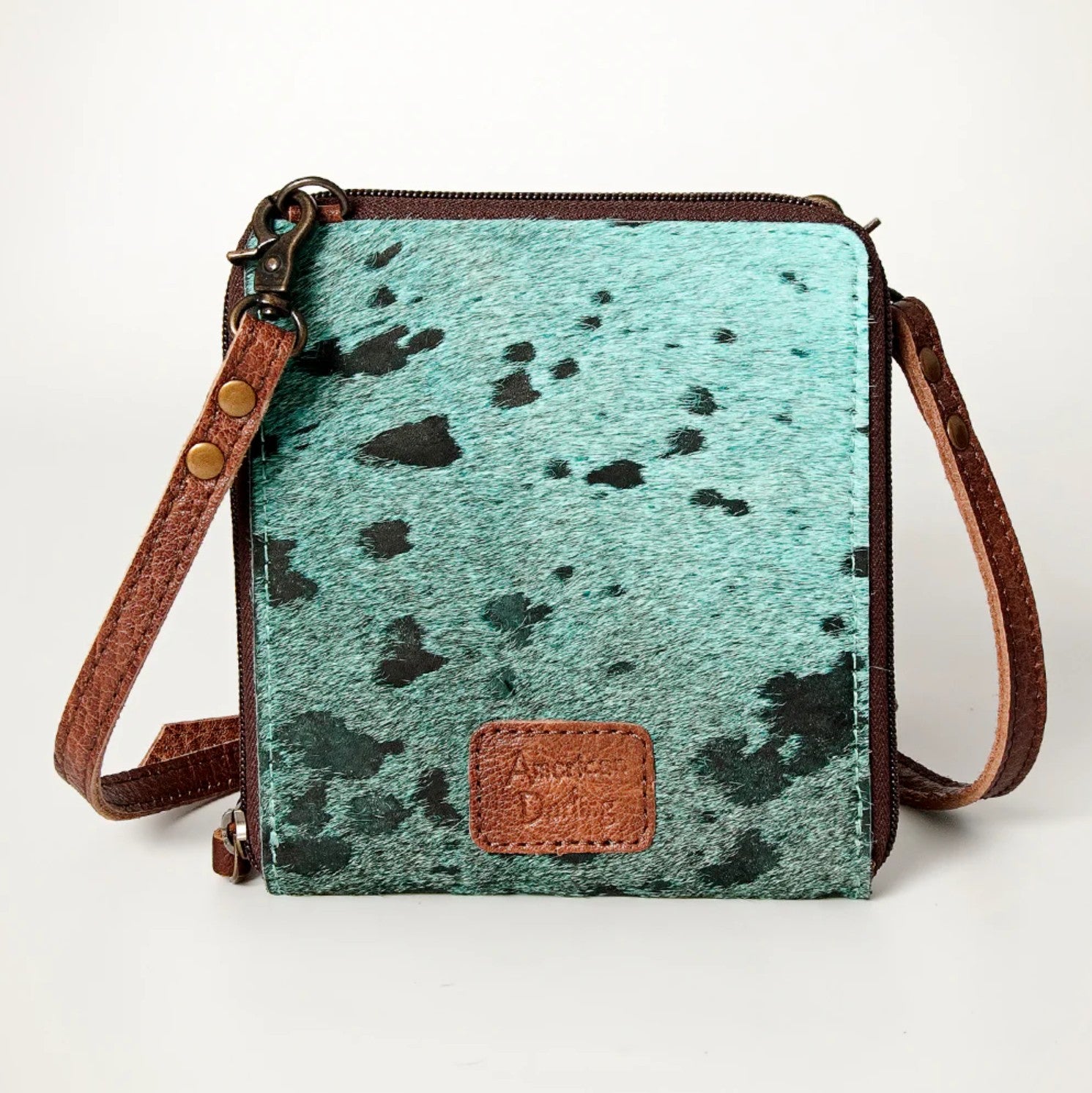 Premium Item: Mini Hair-On Cowhide Crossbody Bag Genuine Leather Western Purse by American Darling - Turquoise