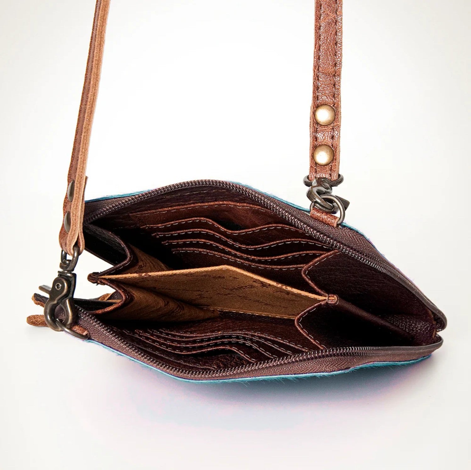 Premium Item: Mini Hair-On Cowhide Crossbody Bag Genuine Leather Western Purse by American Darling - Turquoise