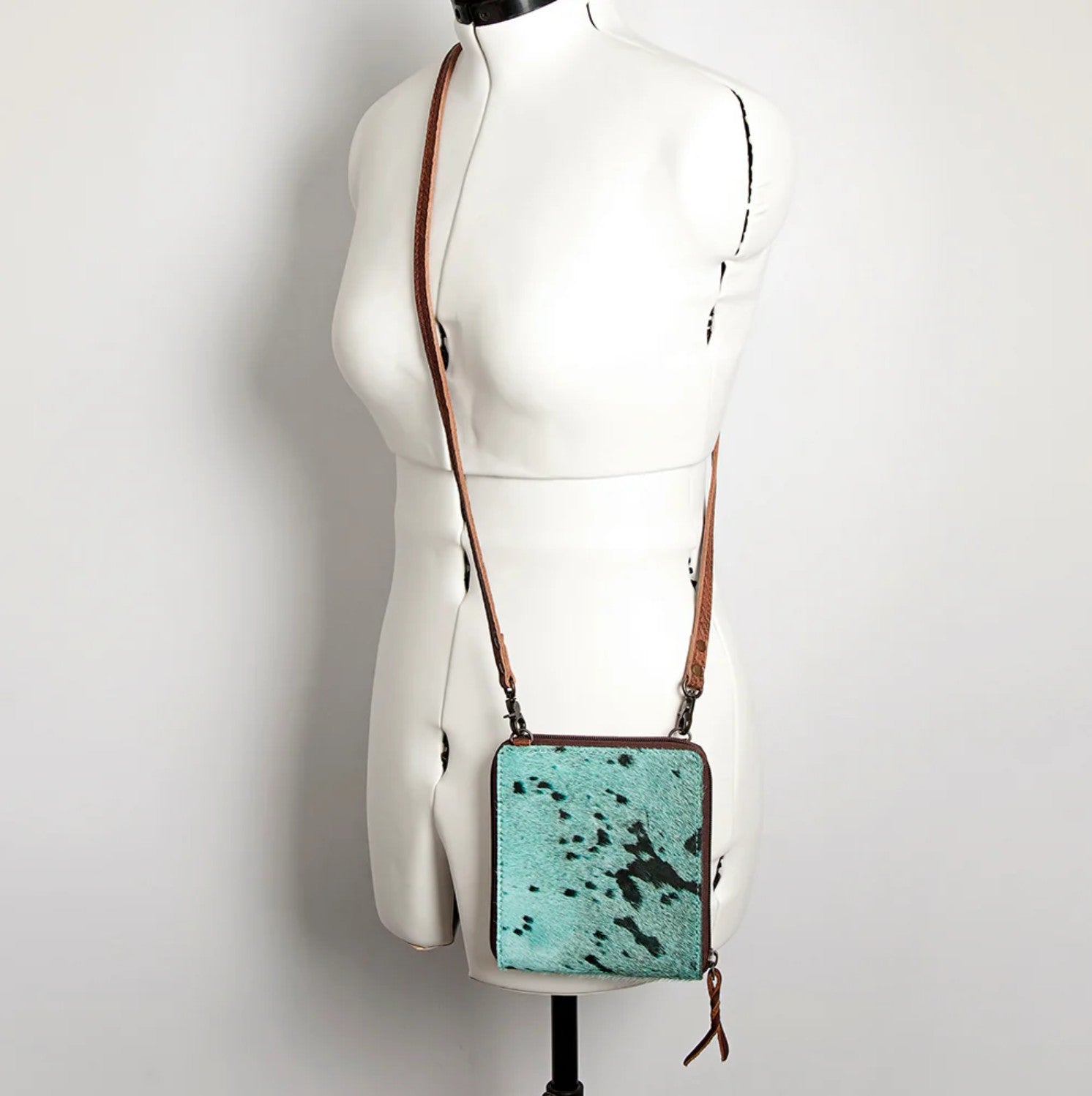 Premium Item: Mini Hair-On Cowhide Crossbody Bag Genuine Leather Western Purse by American Darling - Turquoise