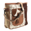 Brown and beige handbag with floral pattern on a white background