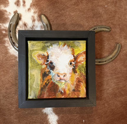 Original 6x6 painting of a young brown calf