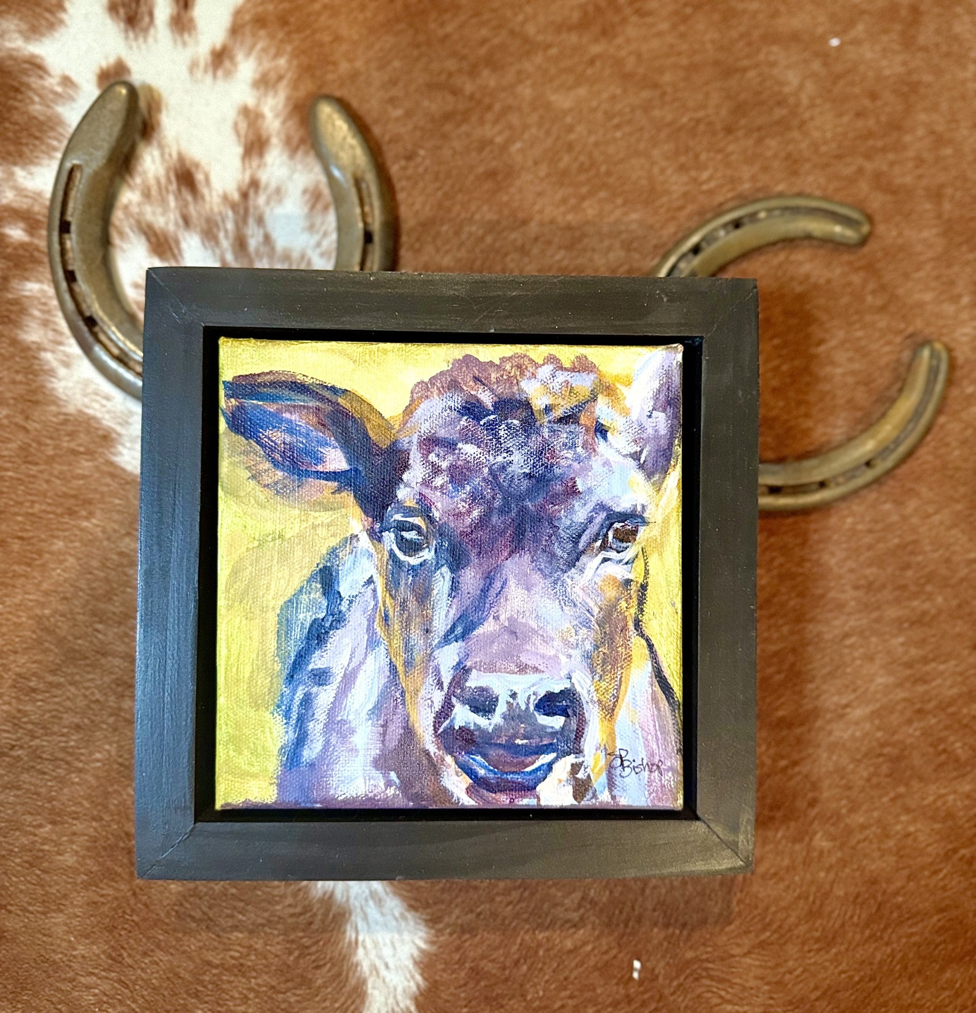 Original 6x6 painting of a young black calf