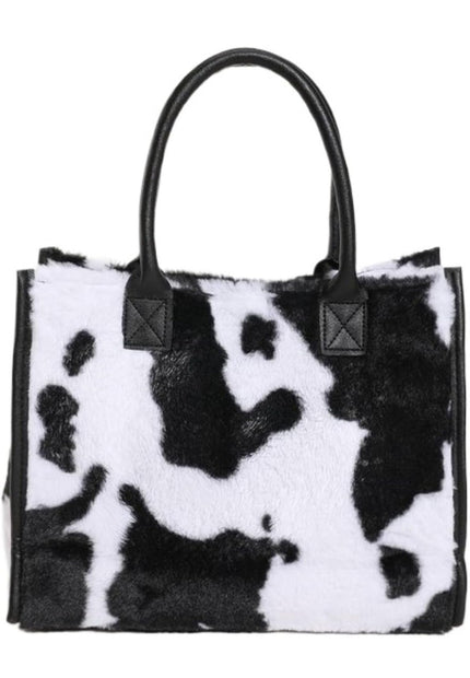 A black and white plush tote