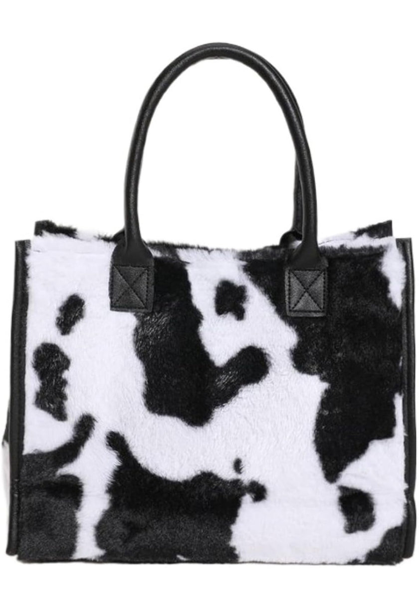 A black and white plush tote