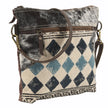 Crossbody bag with diamond pattern and cowhide texture on a white background