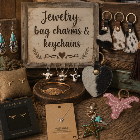 Jewelry, bag charms, and keychains displayed on a wooden surface with a sign indicating product types.