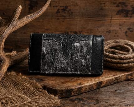 Black and gray leather wallet with intricate design on a wooden surface with rustic background