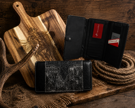 Two black leather wallets on a rustic wooden surface with a cutting board and rope.