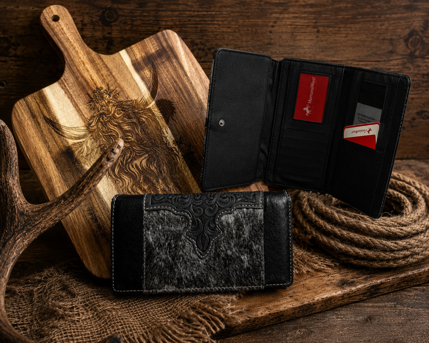 Two black leather wallets on a rustic wooden surface with a cutting board and rope.