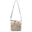 Patterned shoulder bag with a strap on a white background