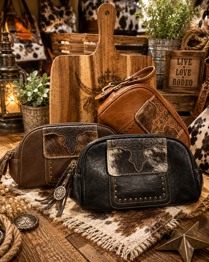 Brown and black leather bags with cowhide pattern on a rustic wooden surface.