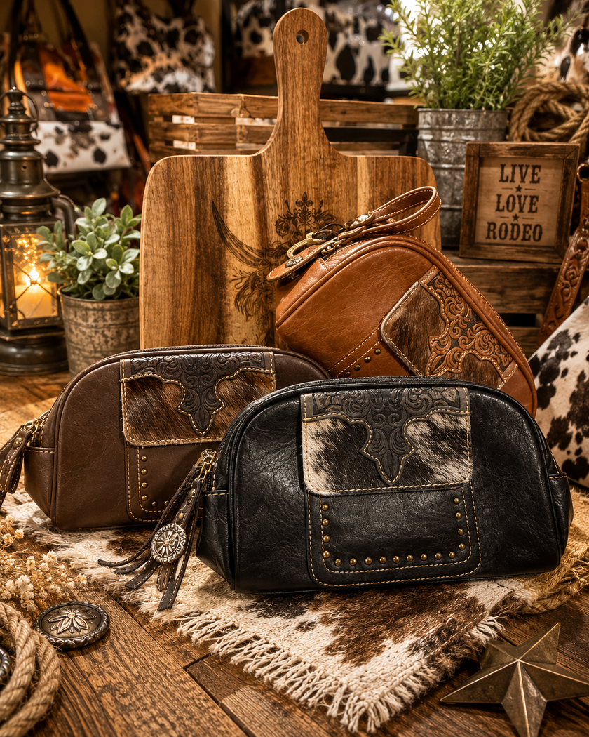 Brown and black leather bags with cowhide pattern on a rustic wooden surface.