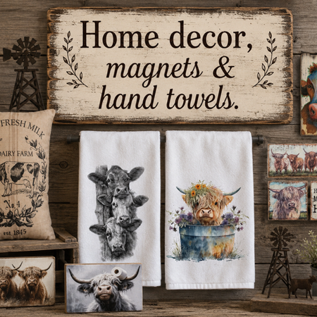 Collection of home decor items including towels, magnets, and a pillow with cow-themed designs on a wooden background.