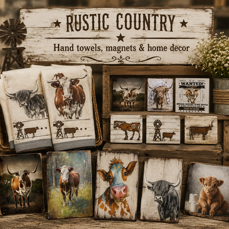 Rustic country-themed hand towels, magnets, and home decor items featuring cows on a wooden shelf.