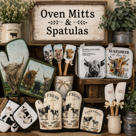 Collection of oven mitts, spatulas, and decorative signs with farm-themed designs on a wooden shelf.