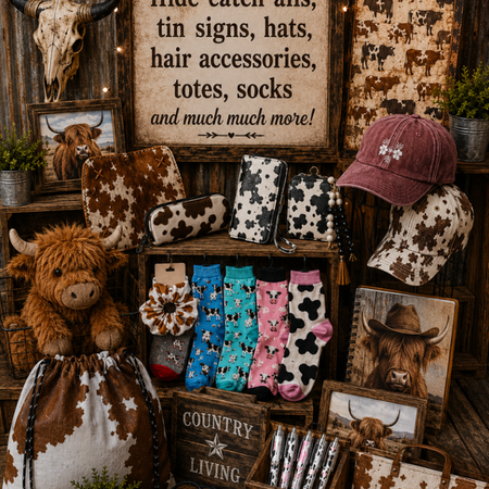 Display of cow-themed products including hats, socks, and decor items in a rustic setting.