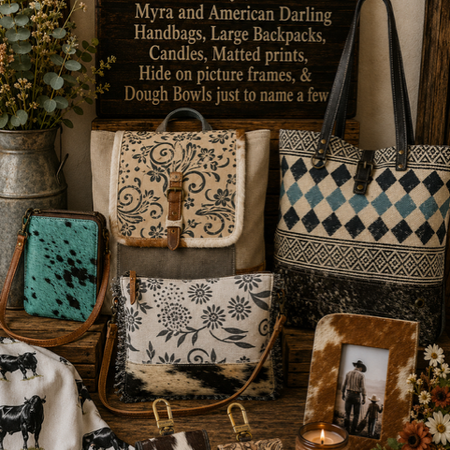 Collection of handbags, candles, and framed pictures on a wooden surface with a decorative sign above.