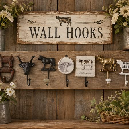 Wooden wall hooks with rustic decor elements against a wooden background