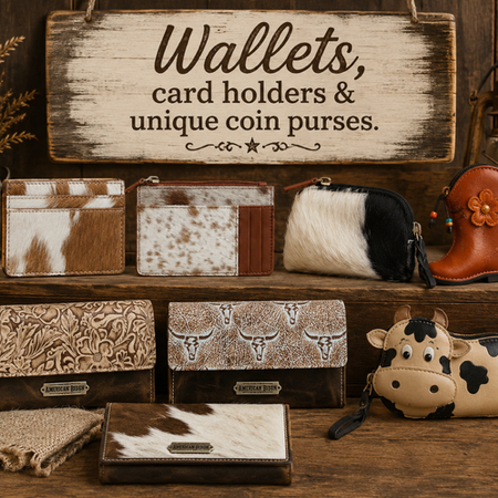 Collection of leather wallets and coin purses on a wooden shelf with a rustic sign above.